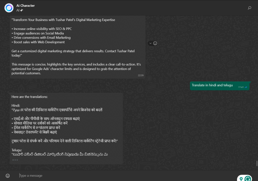 Meta ai translating english to hindi and telugu